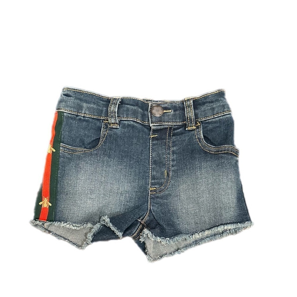 Toddler Denim Shorts W/ Green/Red Bee Side Ribbon